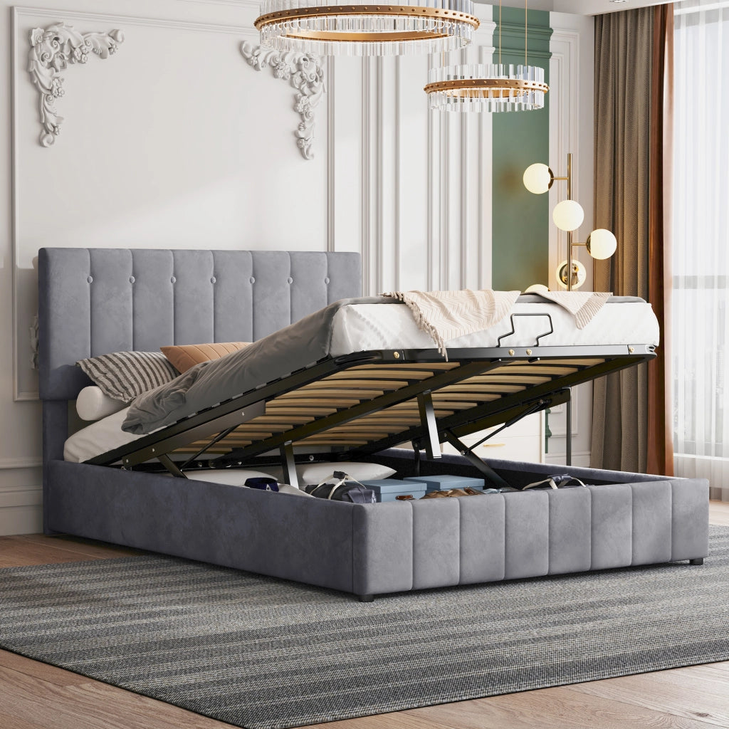 Letto Contenitore 140x200 cm; Letto Matrimoniale con contenitore idraulico; in Velluto Grigio