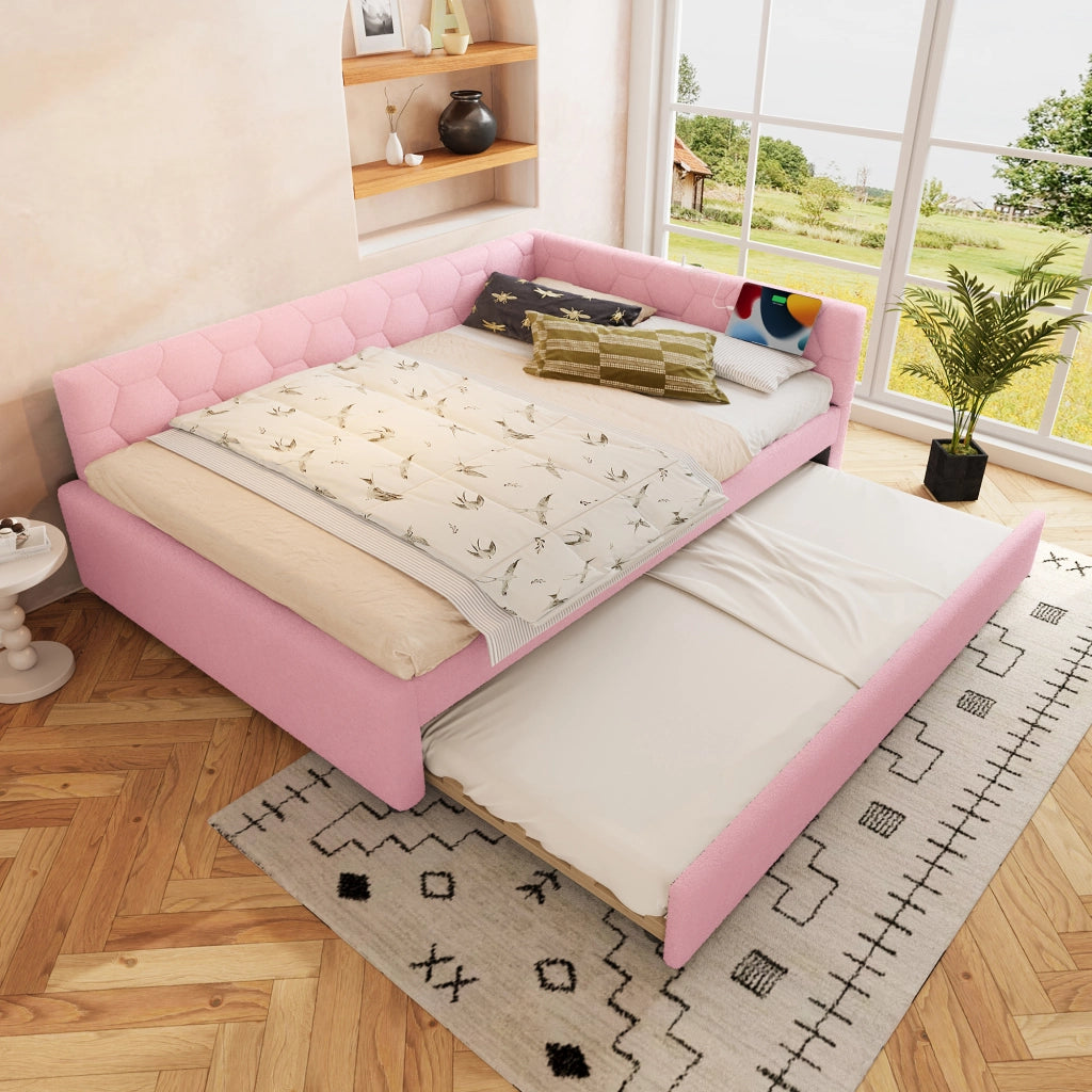 Daybed 140x200 cm con letto estraibile, USB e luce notte, senza materasso, rosa