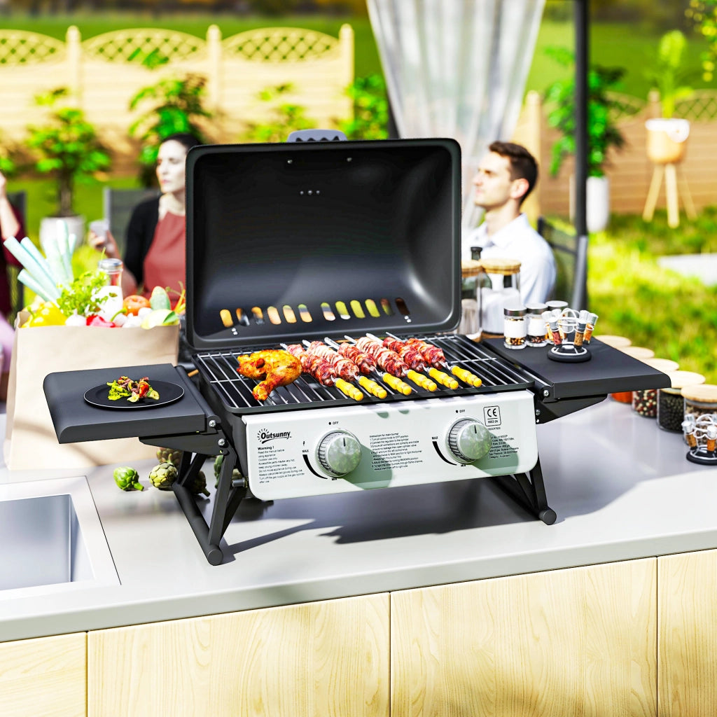 Barbecue a Gas 2 Fuochi con Termometro e Scaffali Laterali Pieghevoli ¨C zephmum ¨C 101x48x41 cm Nero