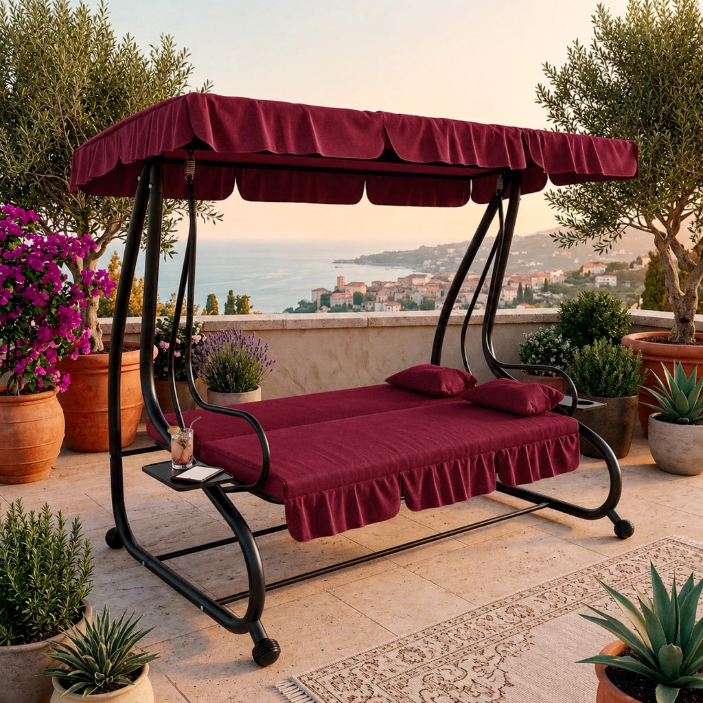 Dondolo Da Giardino 3 Posti Schienale Regolabile Tetto Ombreggiante Cuscinatura Comfort Imbottita Convertibile In Letto Per Esterno Balcone Patio 200 x 120 x 160 Cm Bordeaux