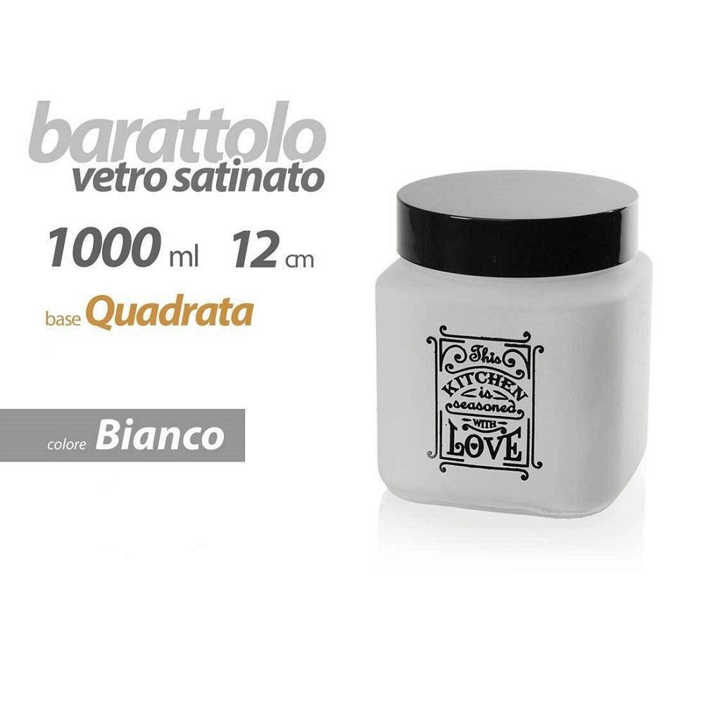 Trade Shop - Barattolo Contenitore Vetro Quadrato Bianco Moderno Satinato 1000 Ml 12cm 833502 -