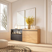 Credenza, Mobile, 208x35x75cm, 4 Porte, Camino elettrico XXL, colore Rovere e nero RF3219