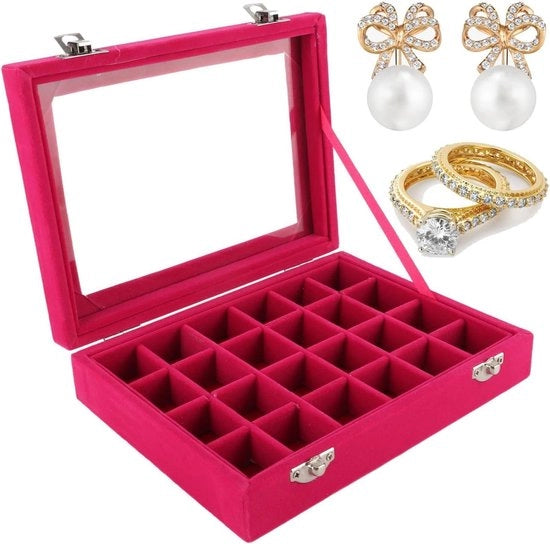 Organizzatore di Accessori in Pelle 24 Comparti per Orecchini, Anelli, Collane e Bracciali (Rosso)