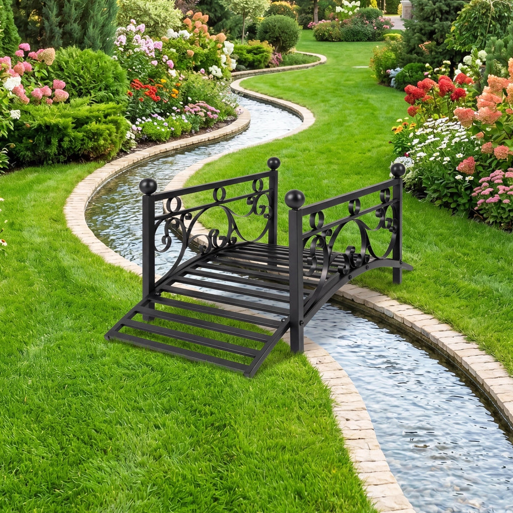 Ponte da giardino in metallo con ringhiere di sicureza e decorazioni floreali, Ponticello resistente  portata 150 kg 101,5 x 45 x 43,5 cm