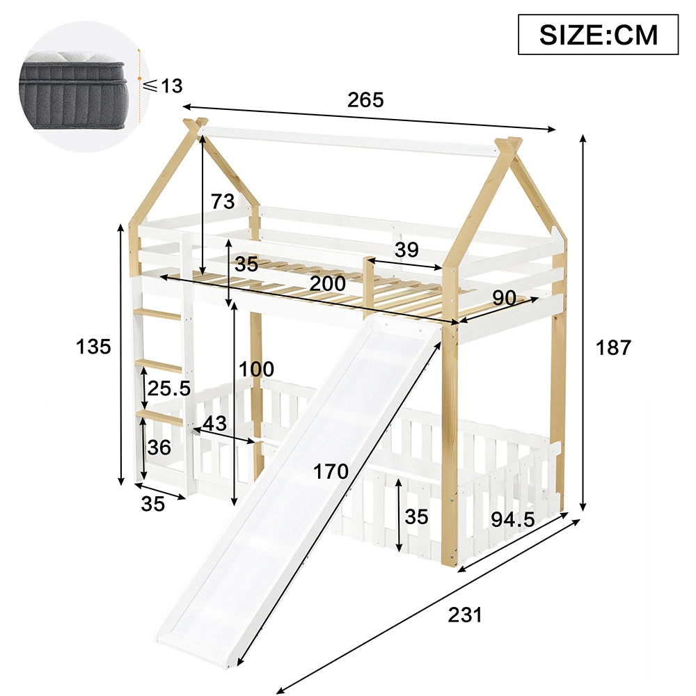 Letto a castello-Xylo-90x200cm, tetto, scivolo, scala, bianco+naturale