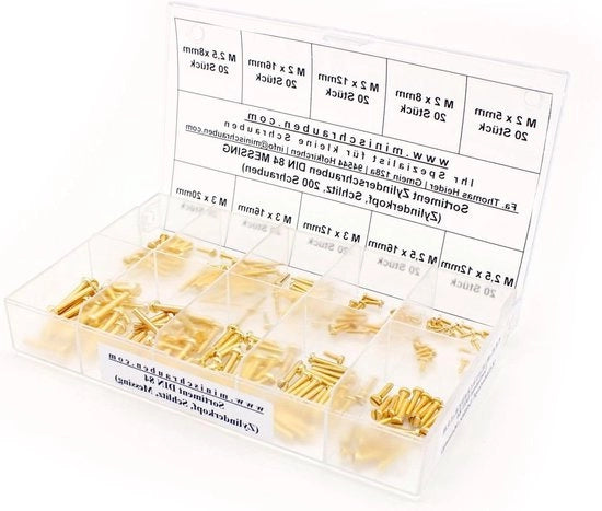 Assortimento di viti cilindriche - 200 pezzi - viti cilindriche piccole - ottone - testa a vite cilindrica - M2 - M2.5 - M3 - Assortimento di viti micro - scatola etichettata
