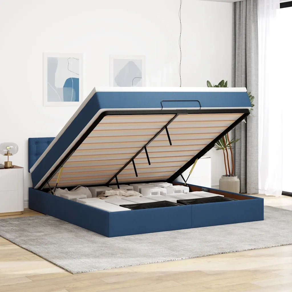 Struttura Letto Pouf con Materasso Blu 160x200 cm in Tessuto 3311642