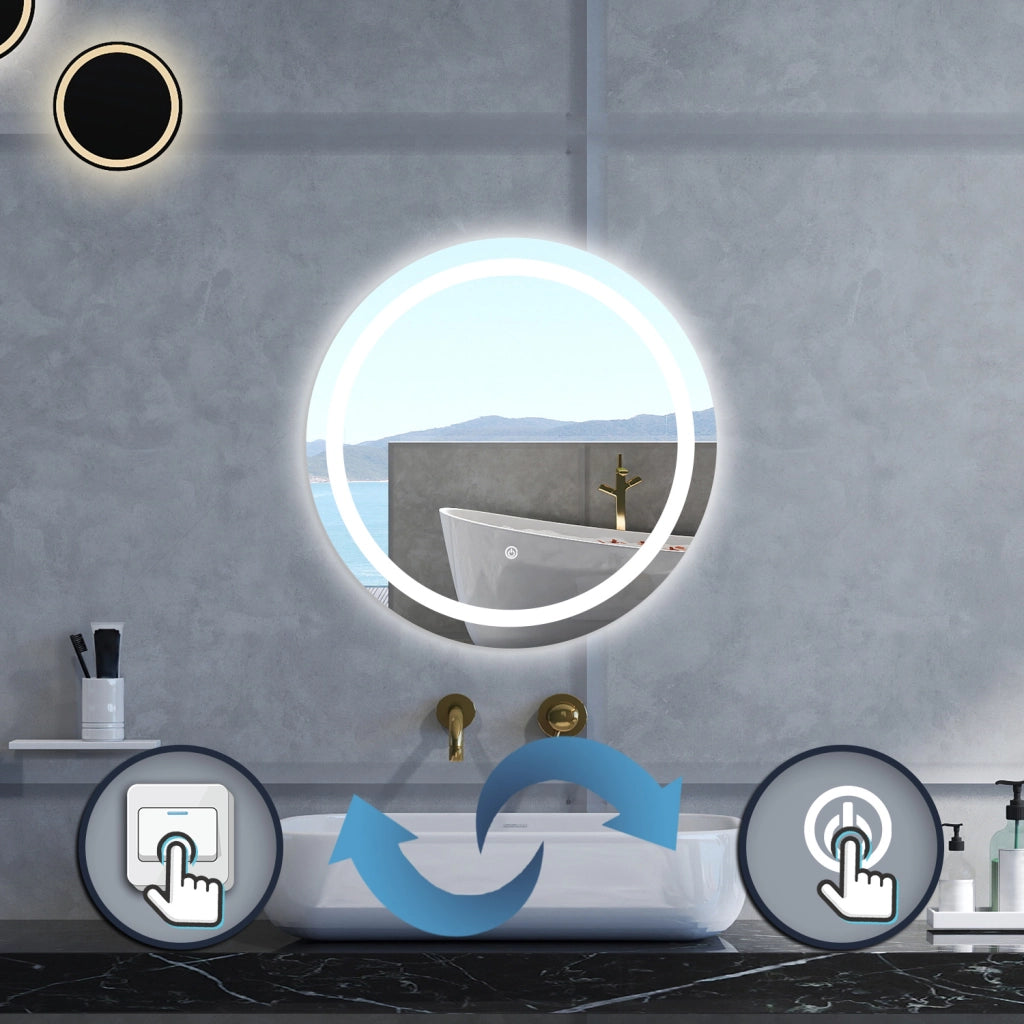 Specchio da bagno Rotondo con 60cm,Memoria, Antifog,Regorabile,Retroilluminato,doppio interruttore,