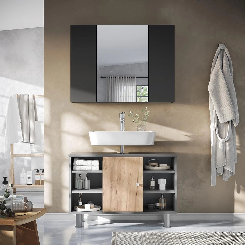 Specchio contenitore bagno Leopold, Antracite, 80 x 59.2 cm con ripiani