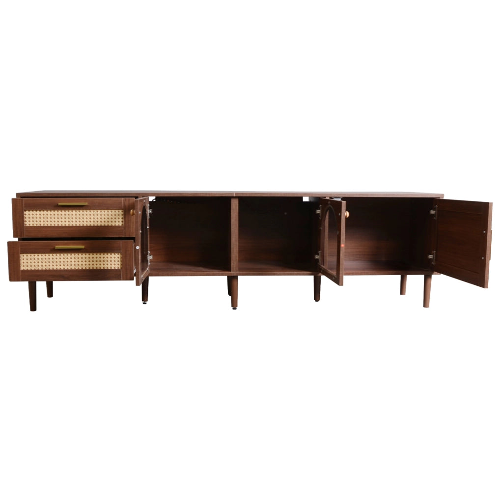 Mobile TV 180x40x50 cm con 2 cassetti in rattan e illuminazione LED in pannello truciolare marrone