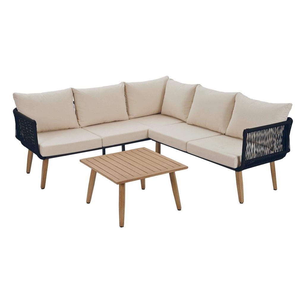 Set Divano da Giardino con Tavolino ¨C Xylo ¨C Acciaio, Corda, Beige e Nero