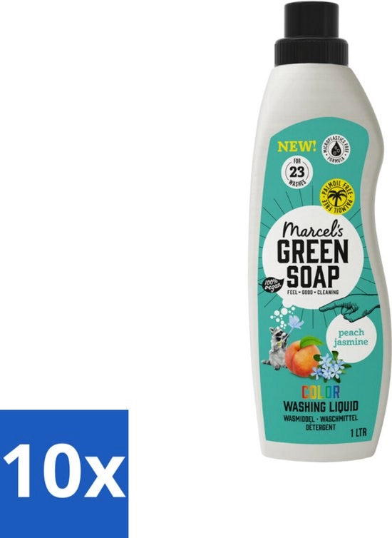Sapone Verde - Detersivo Liquido - Colore - Arancia & Jasmin - Efficace & Naturale - 23 Cicli di Lavaggio - 1 litro - Confezione in Bulk - 10 pezzi