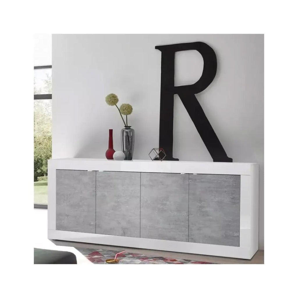 Buffet 4 porte, collezione ISORA, bianco lucido laccato/rovere chiaro, ideale per soggiorno moderno