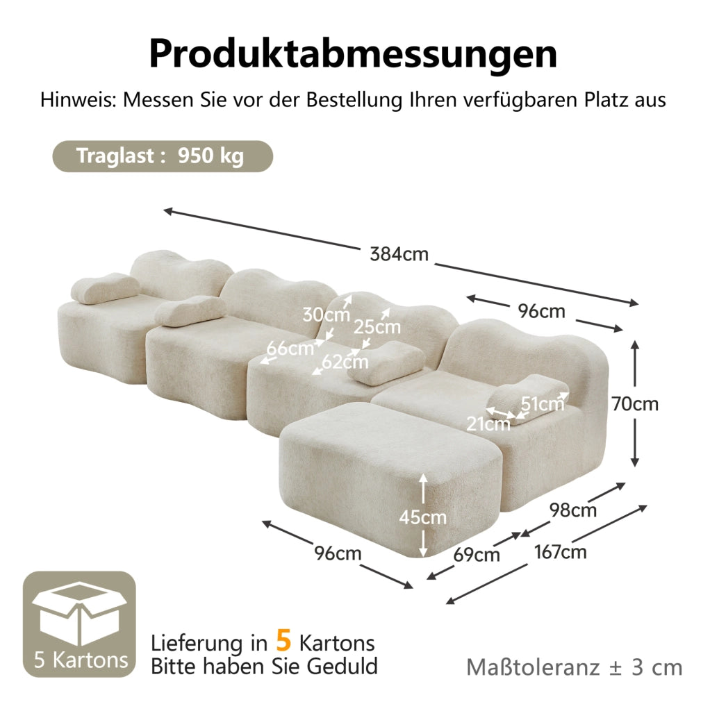 Divano angolare modulare 4 posti con pouf 384x167x70 cm in velluto beige