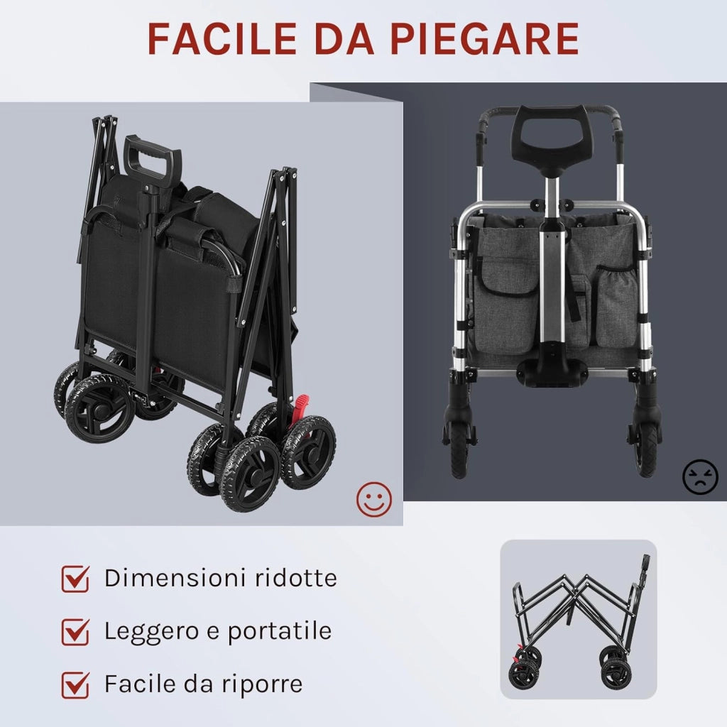 Carrello pieghevole da giardino, per festival, campeggio, picnic, spiaggia, shopping, con 4 ruote doppie universali, chiudibile, tessuto Oxford+metallo, nero