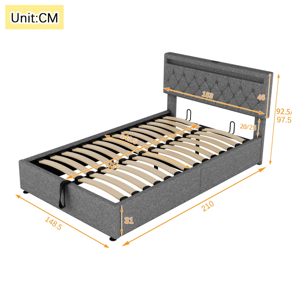 Letto imbottito 140x200 con contenitore, LED e porte USB-C