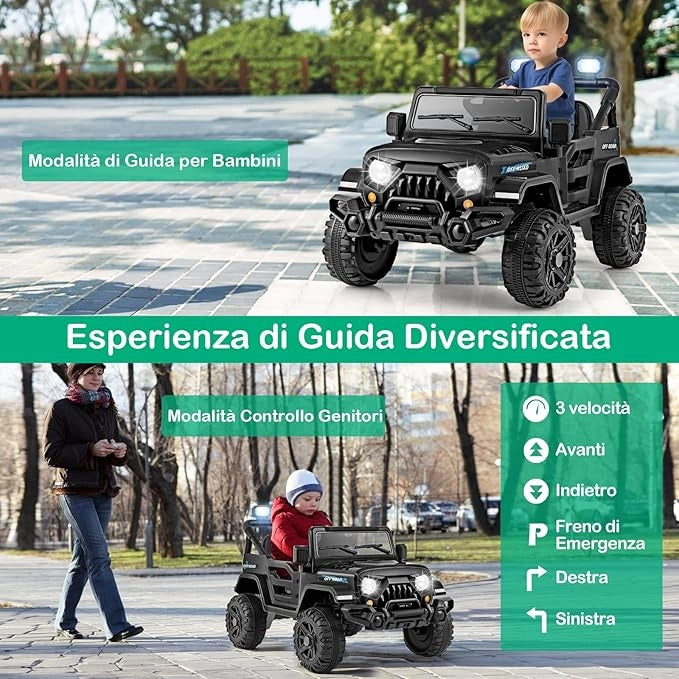 12V Macchina Elettrica per Bambini, Auto con Telecomando Luci LED Musica Clacson, 3 Velocità e 2 Motori, Veicolo Elettrico per Bambini 3+ Anni (Nero)