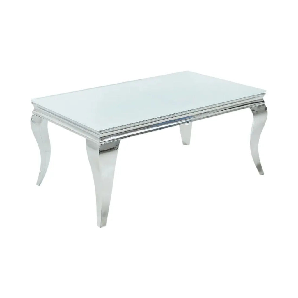 Table bassa VELENA 100 cm argentata con vetro temperato opaco – Gambe curve in stile barocco