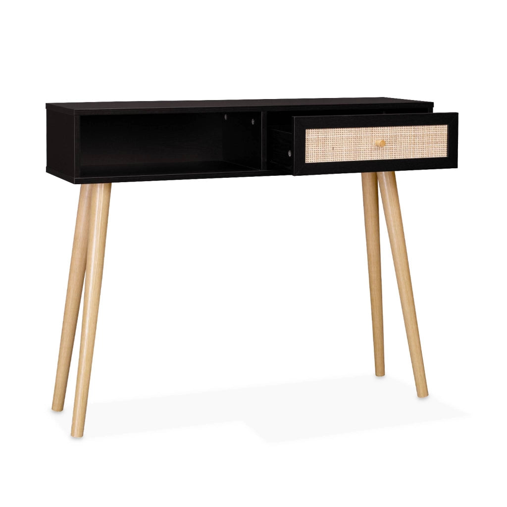 Consolle scandinava con effetto legno e canna, 100cm, nero
