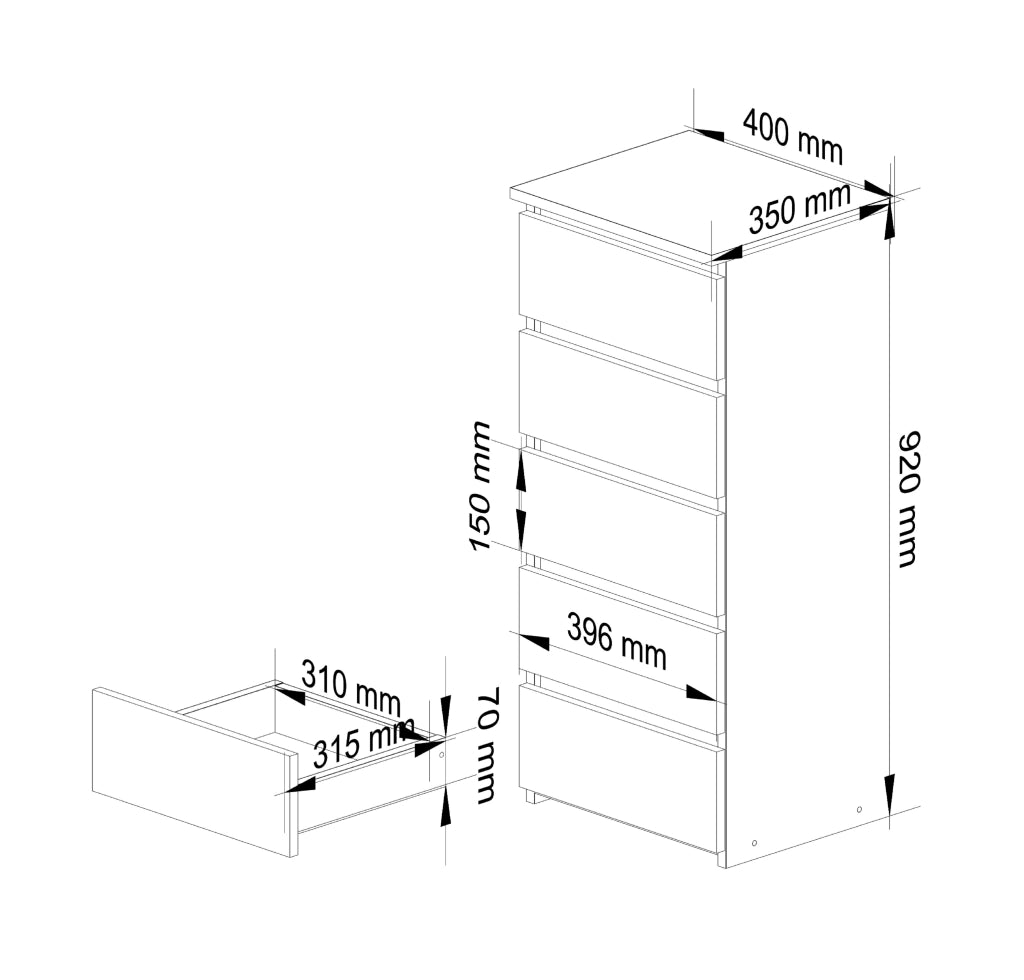 Cassettiera AKORD CL5 Cassettiera Bianca 40 cm 5 cassetti 40x35x92 cm