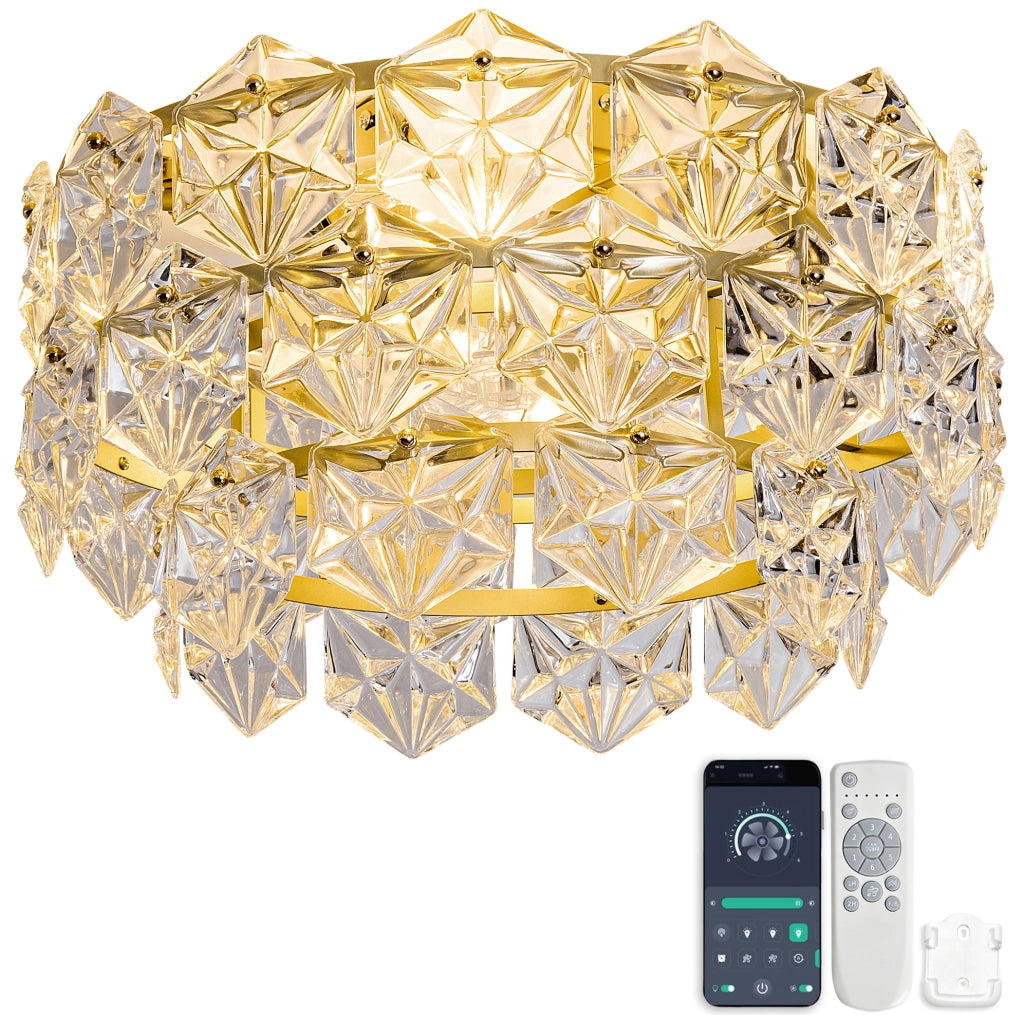 Ventilatore da soffitto con luce a cristalli, controllo App/telecomando, 6 velocità, oro