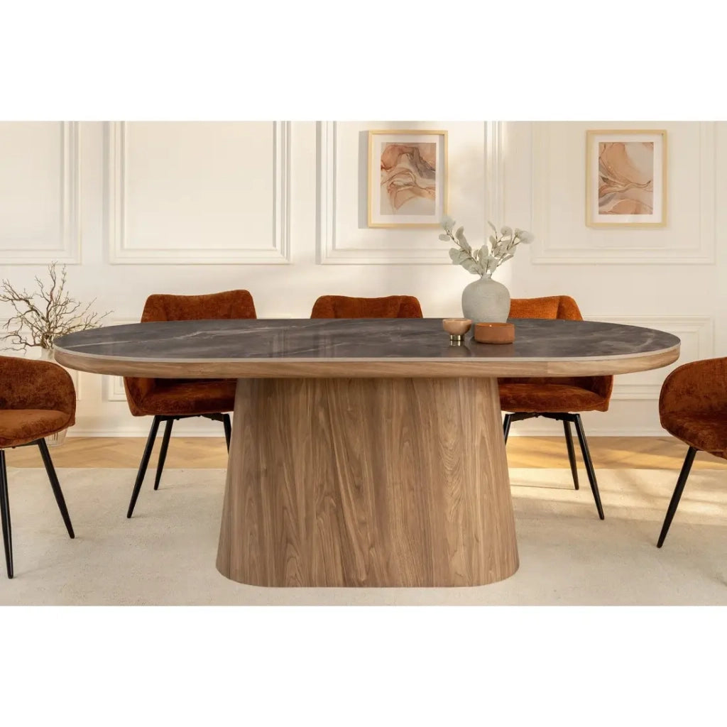 Tavolo da pranzo LUMEA – Ovale 200 cm – Effetto marmo grigio – Piede largo – Stile contemporaneo