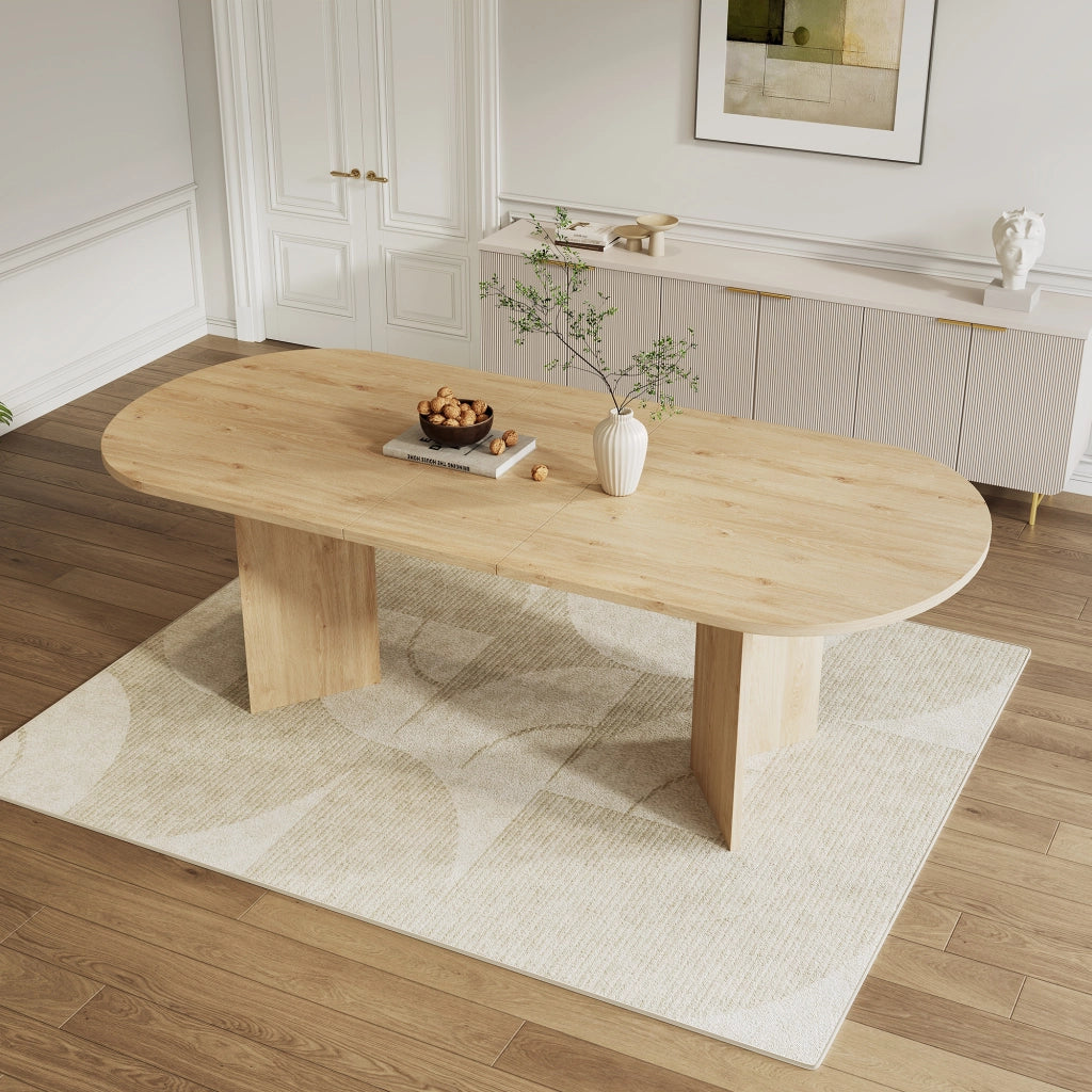Tavolo da pranzo allungabile con piano da 18 mm e angoli arrotondati, per 4-8 persone, in MDF, rovere chiaro