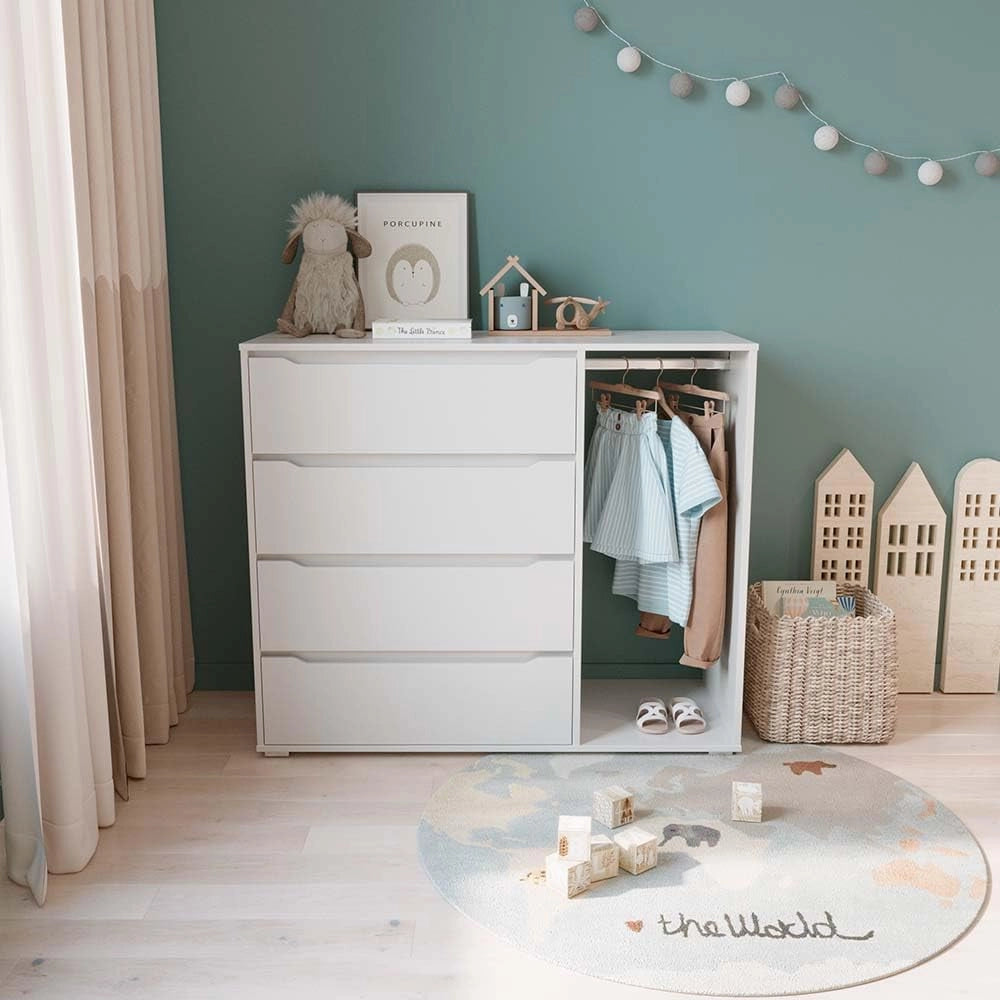 Guardaroba per bambini Ruben, Bianco, 120 x 101.9 cm con 4 cassetti, adatto per riporre abbigliamento e accessori per bambini