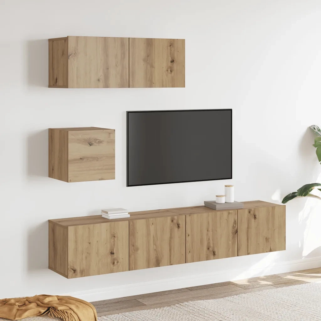 Set Mobile TV 4 pz Montato a Parete Rovere in Legno Multistrato 3329220
