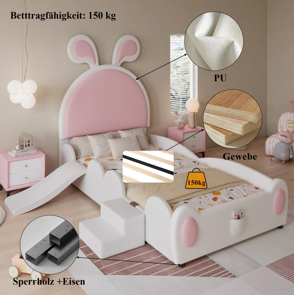 Letto imbottito per bambini con scivolo e scaletta 90x200 cm