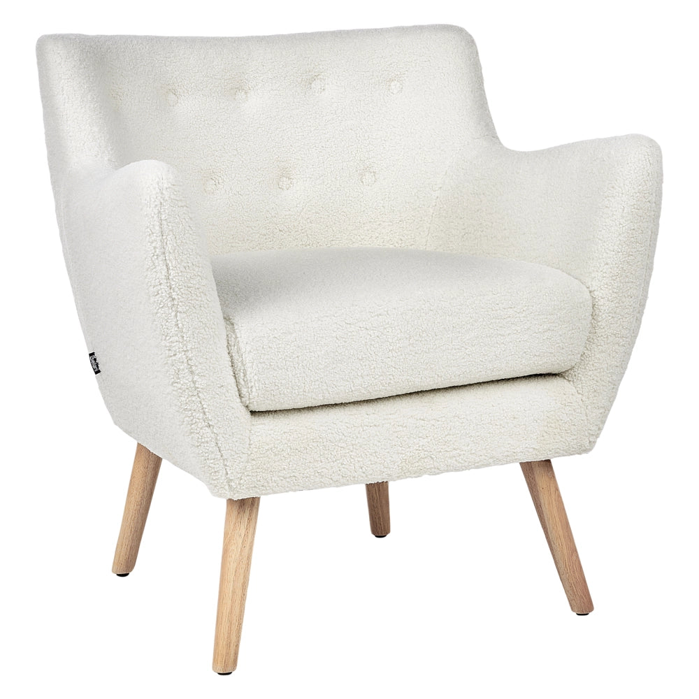 Poltrona Boucle bianca con schienale a bottoni e gambe in legno di gomma Moderna
