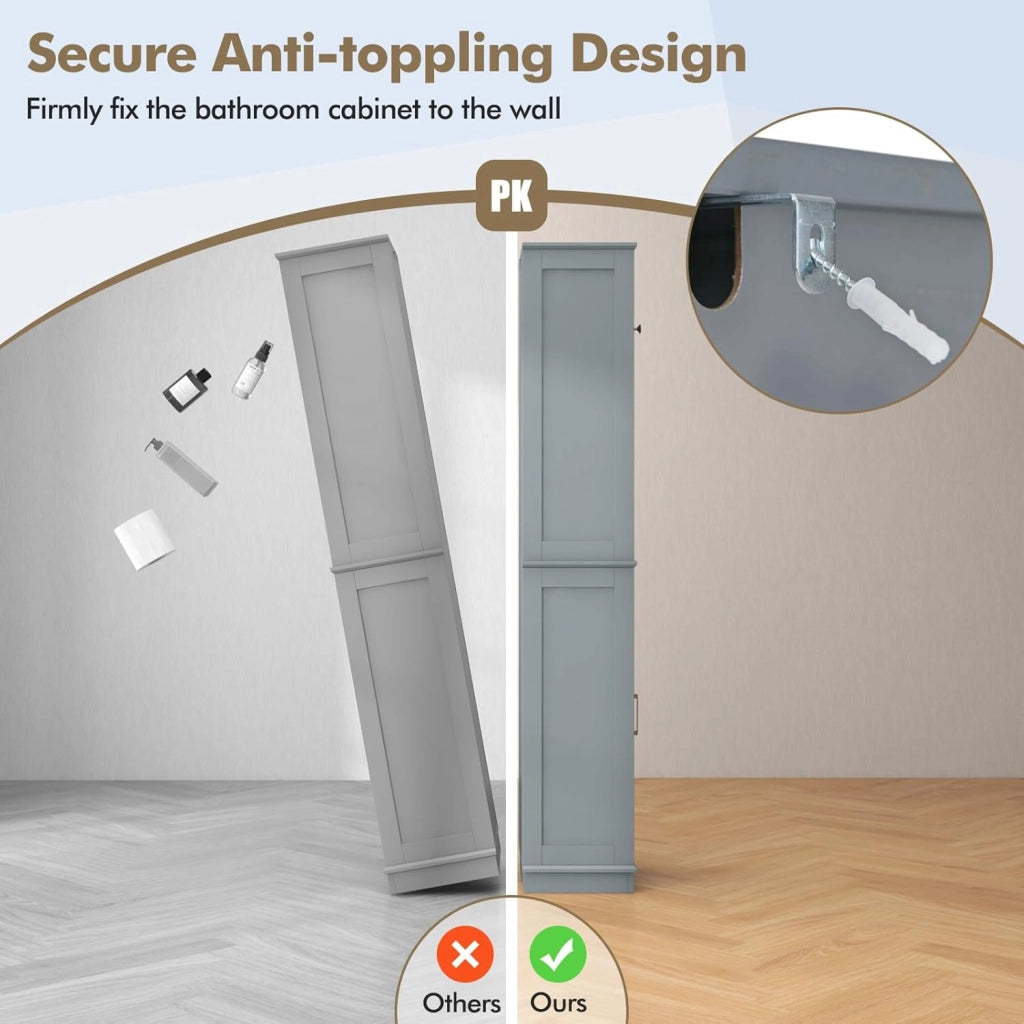 Armadietto da Bagno Slim con 2 Ante, Ripiano Regolabile e 2 Scomparti Aperti, Mobile Alto per Bagno e Soggiorno, Moderno，2 Colori