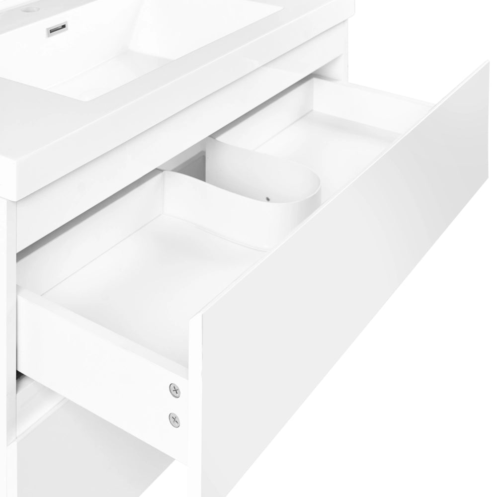 Mobile bagno sospeso bianco 90 x 50 cm con 2 cassetti e lavabo