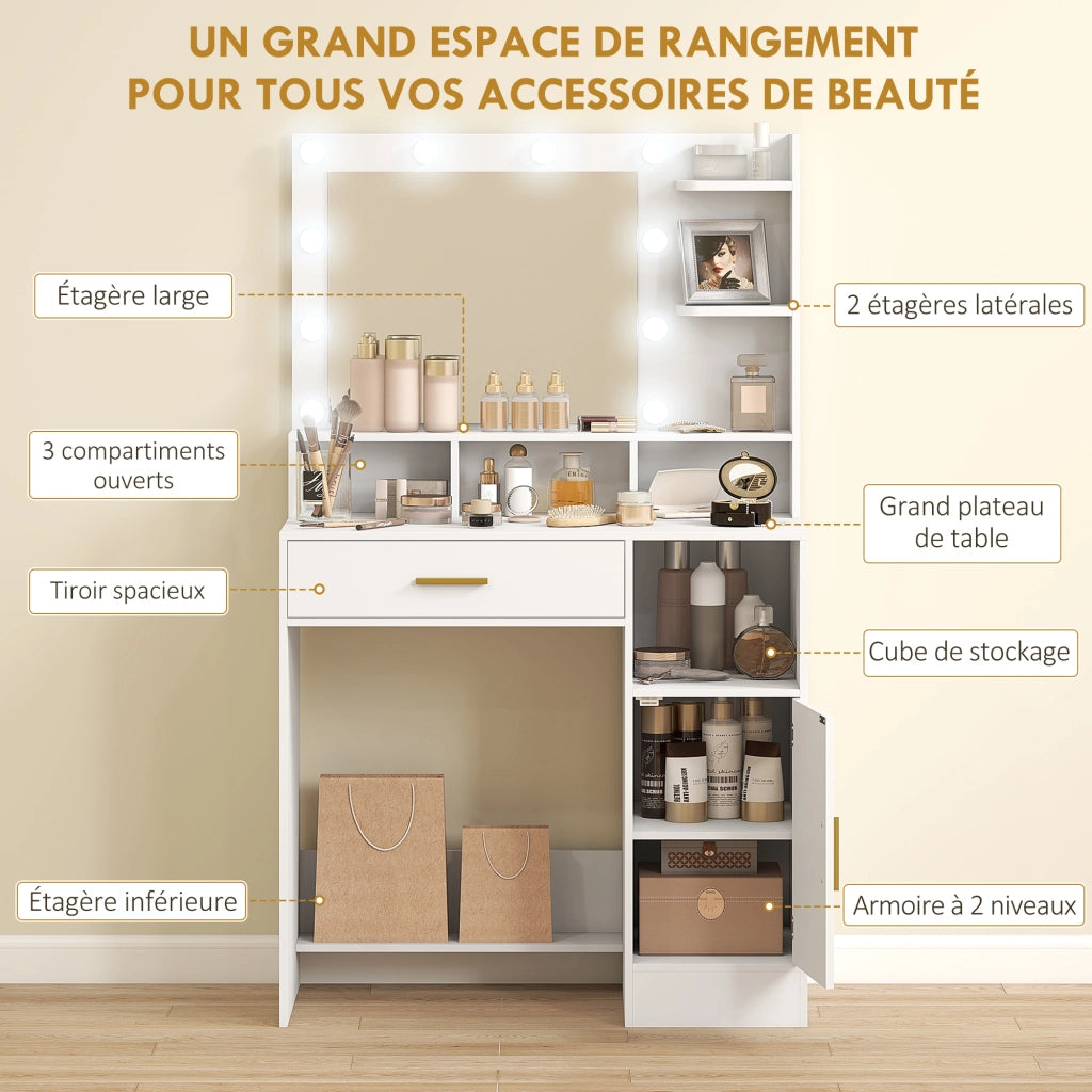 Toeletta con specchio e 10 luci LED ¨C Xylo ¨C Cassetto, anta, ripiani, 80x40x135cm, bianco