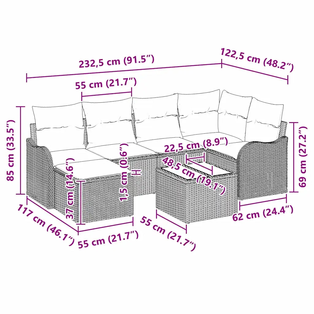 Set Divano da Giardino con cuscino 7 pcs Nero Poly Rattan 3345783