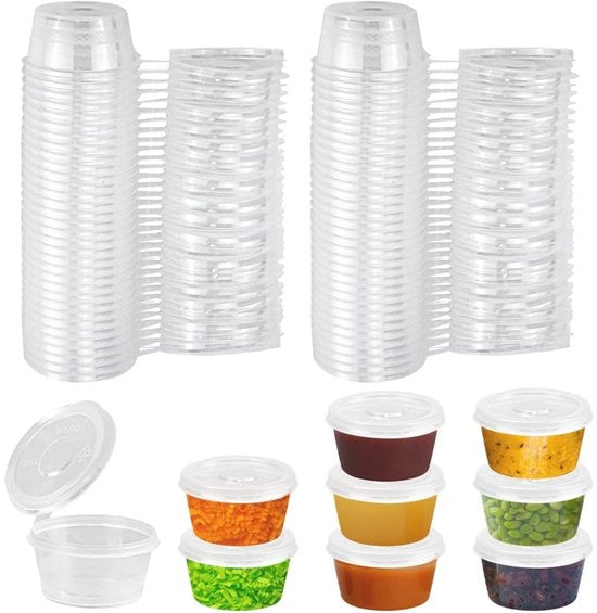 100 confezioni di contenitori per conservazione con coperchi Piccoli contenitori per alimenti da 2oz Imbusti a prova di liquido da 50ml Scatole di plastica per salse e condimenti Contenitori magnetron resistenti per salse, salse e spezie