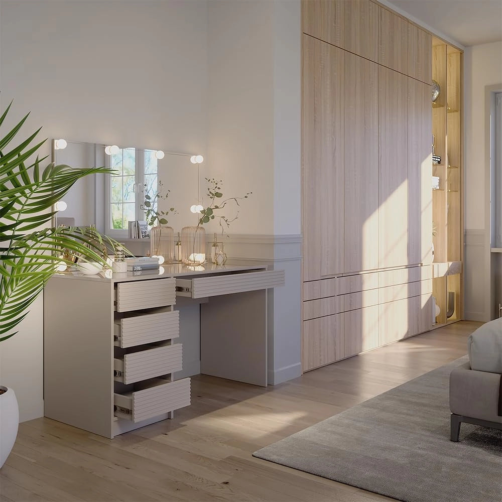 Tavolo da toilette Sherry, Cachemire, 120 cm con specchio e illuminazione a LED, con illuminazione LED e grande specchio rettangolare