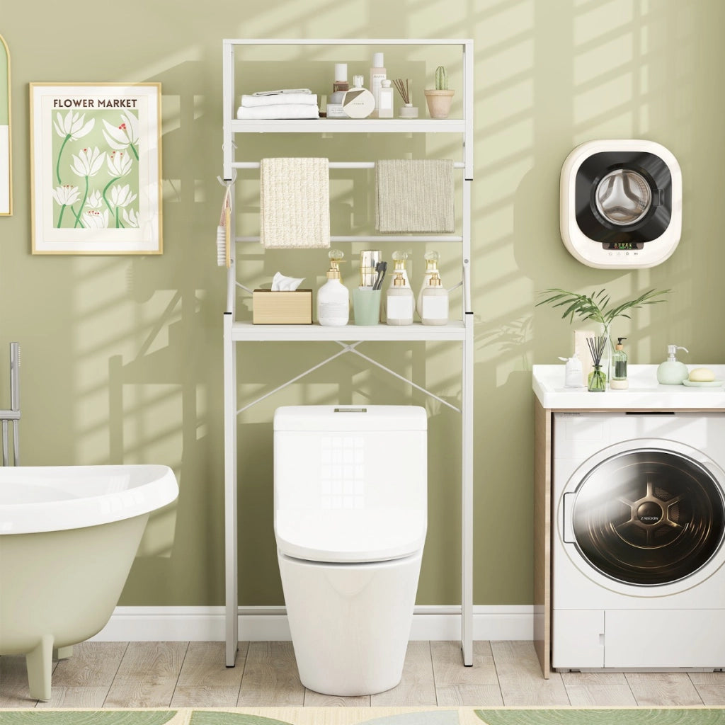 Scaffale sopra il wc organizzatore bagno con 3 ripiani e portasciugamani, Scaffale sopra il wc ganci e barra regolabile Bianco-Armadietti da bagno