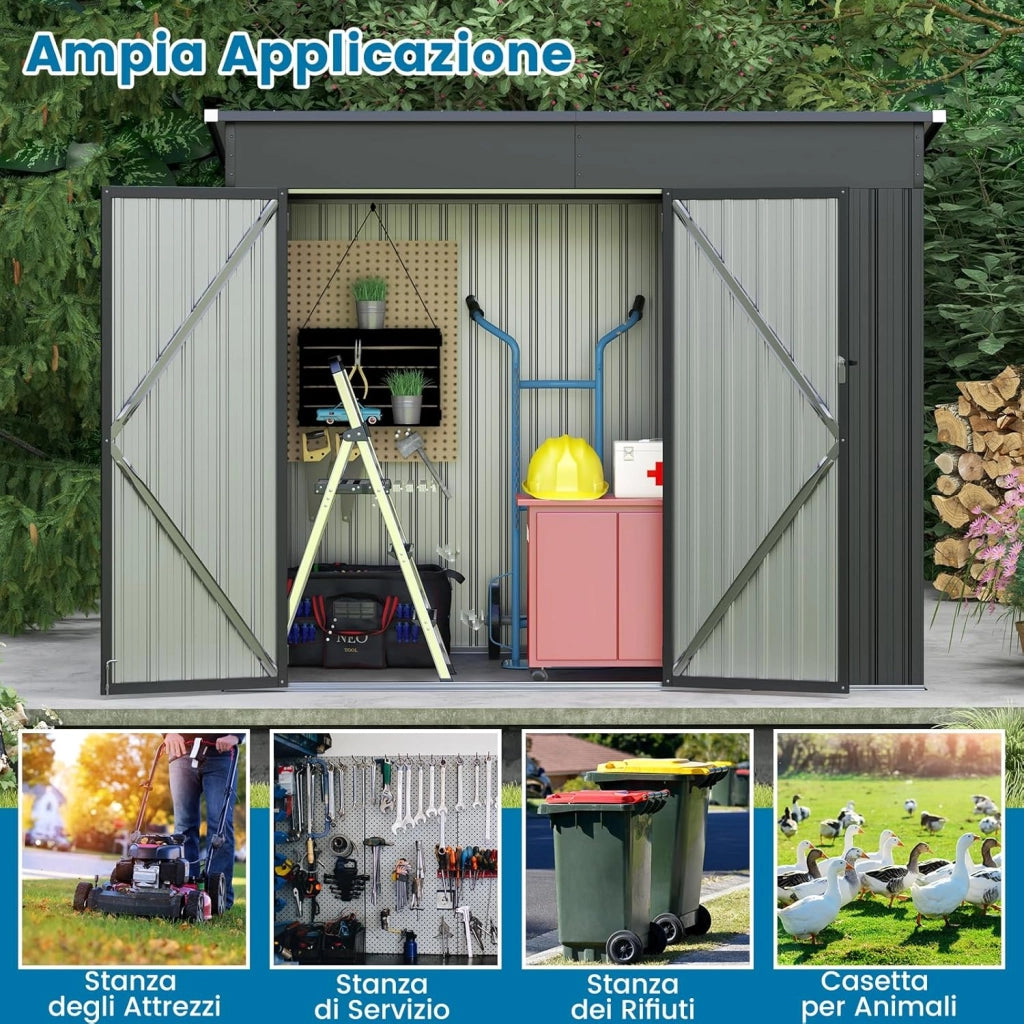 Capanno da Giardino 2,6㎡, Casetta Porta Attrezzi da Esterno in Metallo Zincato Resistente alle Intemperie con 2 Porte e Tetto Inclinato, Ripostiglio per Cortile (Grigio)