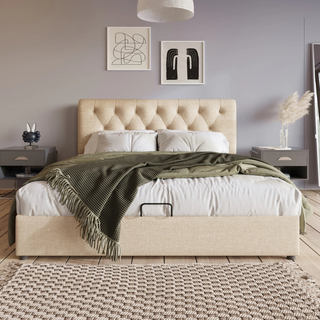 Letto matrimoniale imbottito 160x200 cm con contenitore; testiera regolabile e materasso; naturale