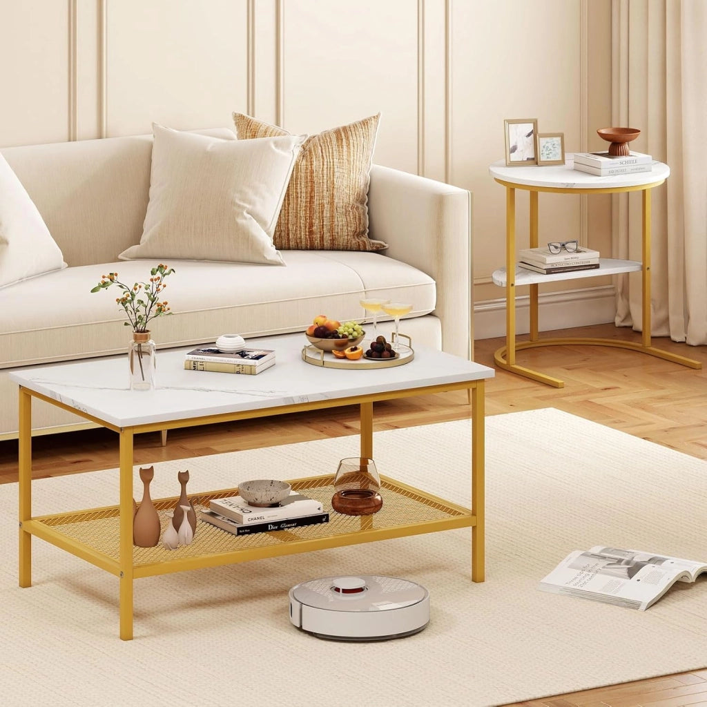 Set di Tavolini da Caffè Componibili, 2 in 1 Set di Tavoli Rimovibili con Piano in Marmo Sintetico, Tavolino Rotondo e Tavolino Rettangolare per Salotto e Camera da Letto (Oro)