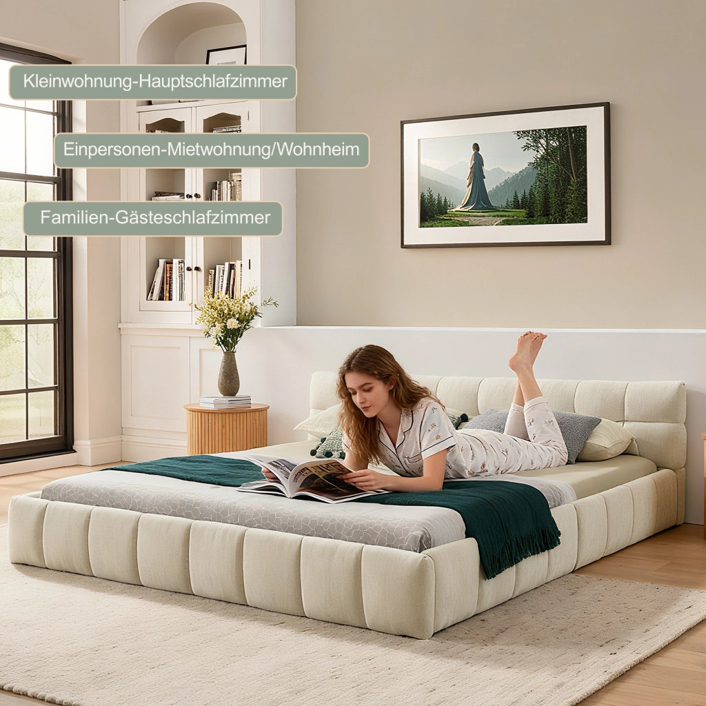 Letto Matrimoniale 140x200 cm in Chenille; Struttura in Legno e Ferro; Beige