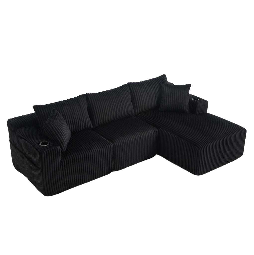 Divano modulare nero in velluto a coste con chaise longue