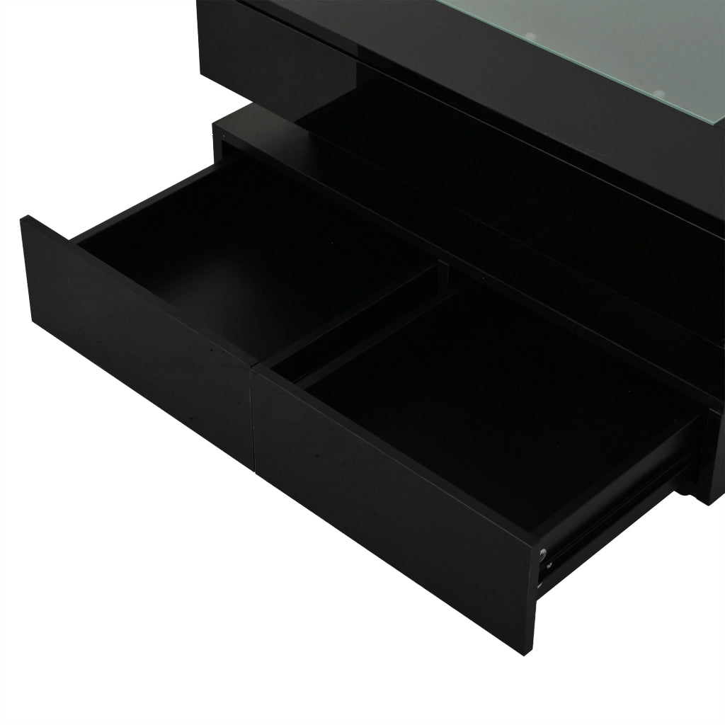 Tavolino basso con LED, 3 cassetti e piano in vetro temperato, finitura lucida, per soggiorno, nero, 70 × 70 × 35 cm