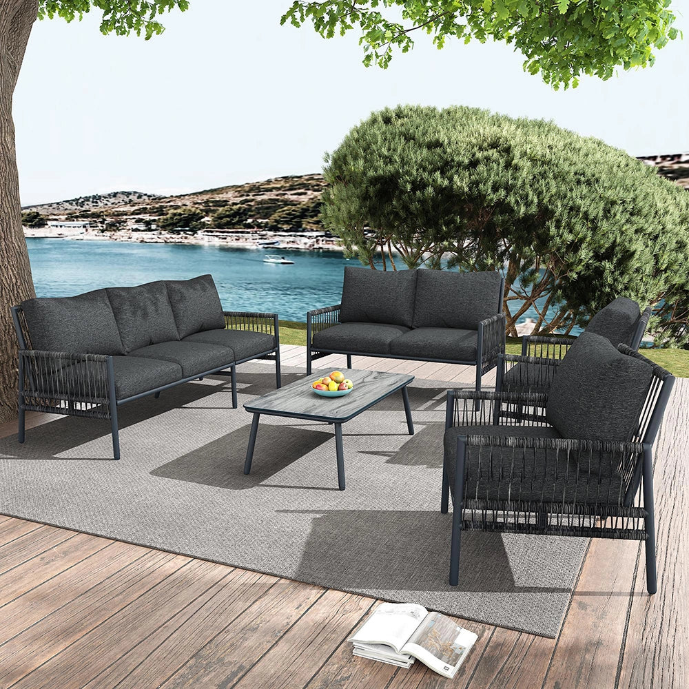 Canap?? da giardino con tavolino - Xylo - 7 posti, rotin sintetico, tubo in acciaio zincato, vetro temperato amovibile e lavabile, grigio