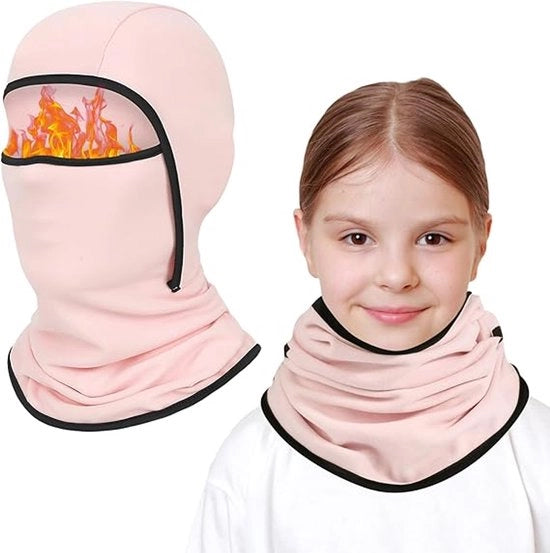 Due bivi per bambini da 6 a 14 anni, cappuccio multifunzionale impermeabile e impermeabile, cappello da bicicletta con collo riscaldante, pet per bambini e bambine, attività all'aperto in inverno, colore rosa