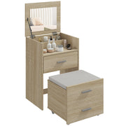Tavolo da Trucco con Specchio a Ribalta, Cassetti e Sgabello, in Legno e Tessuto Effetto Lino, color Legno