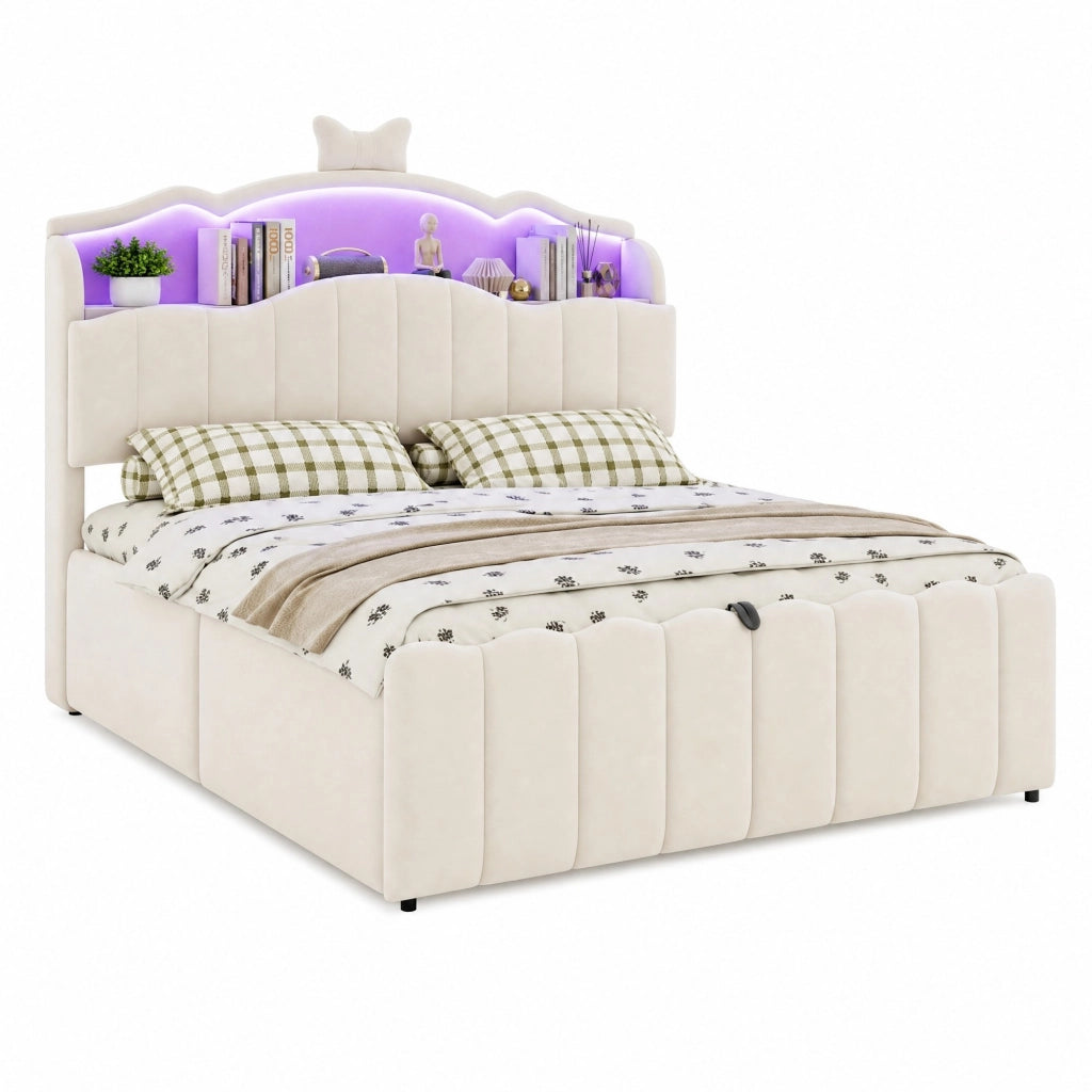 Letto contenitore 2 posti con USB; USB-C; LED regolabile e vani portaoggetti; 140 × 200 cm; senza materasso