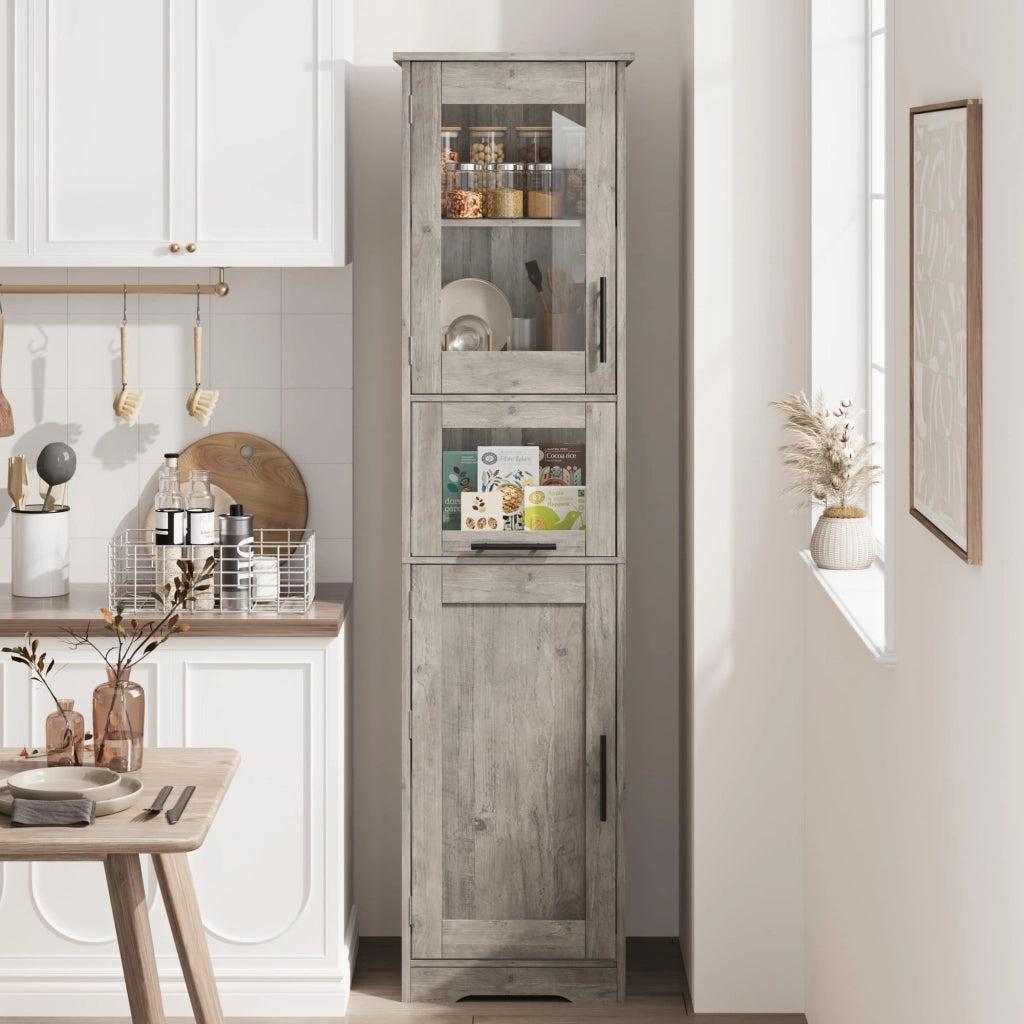 Mobiletto Bagno Alto e Slim 170cm in MDF Grigio, 4 Vani e 1 Cassetto