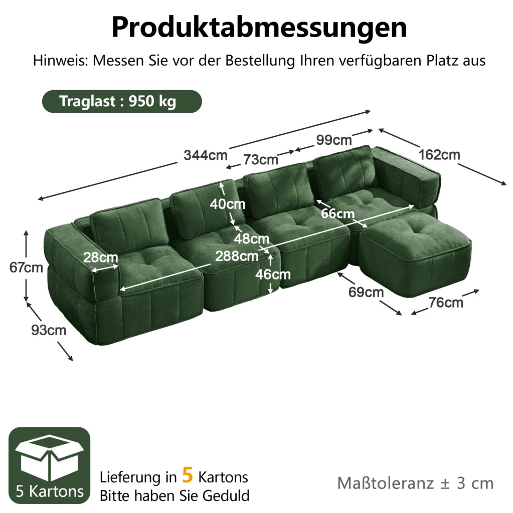 Divano modulare con pouf in poliestere verde; 344x162x67 cm